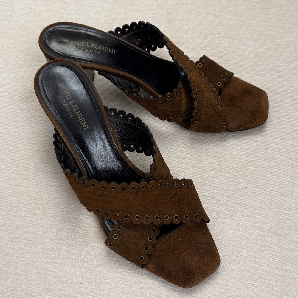 Saint Laurent Loulou Slide Sandals Mules Brown Eyelet-Trim Suede Sz 40 High Heel